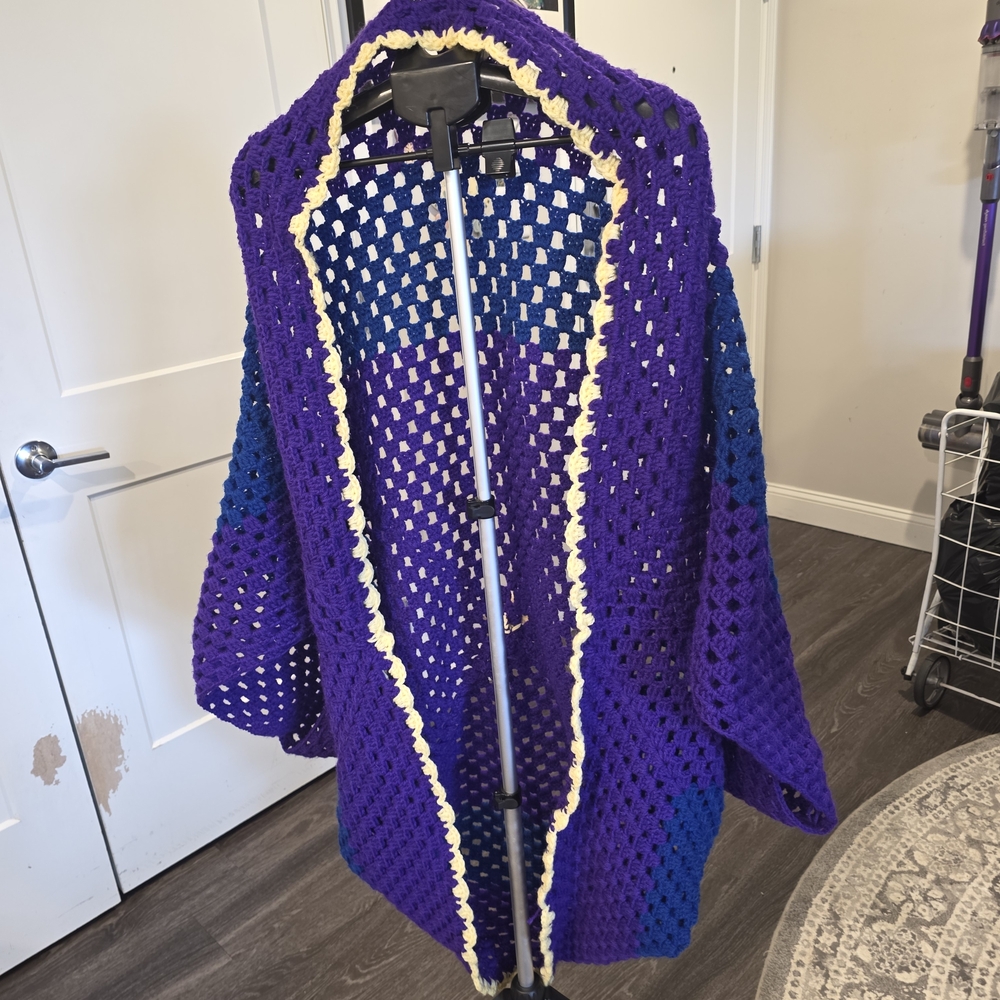 Open-Front Crocheted Women's Shrug in Amethyst with Lemon Trim, Lemon Color Rose